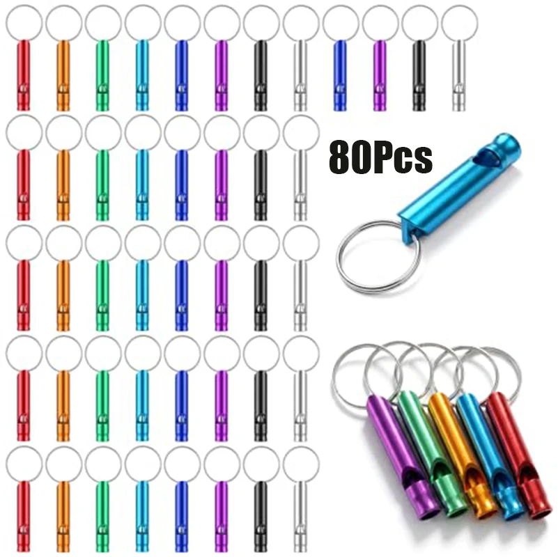 80Pcs Aluminum Emergency Whistles Key Ring,Portable Loud Survival Whistle for Camping Hiking Referee Sports Dog Training