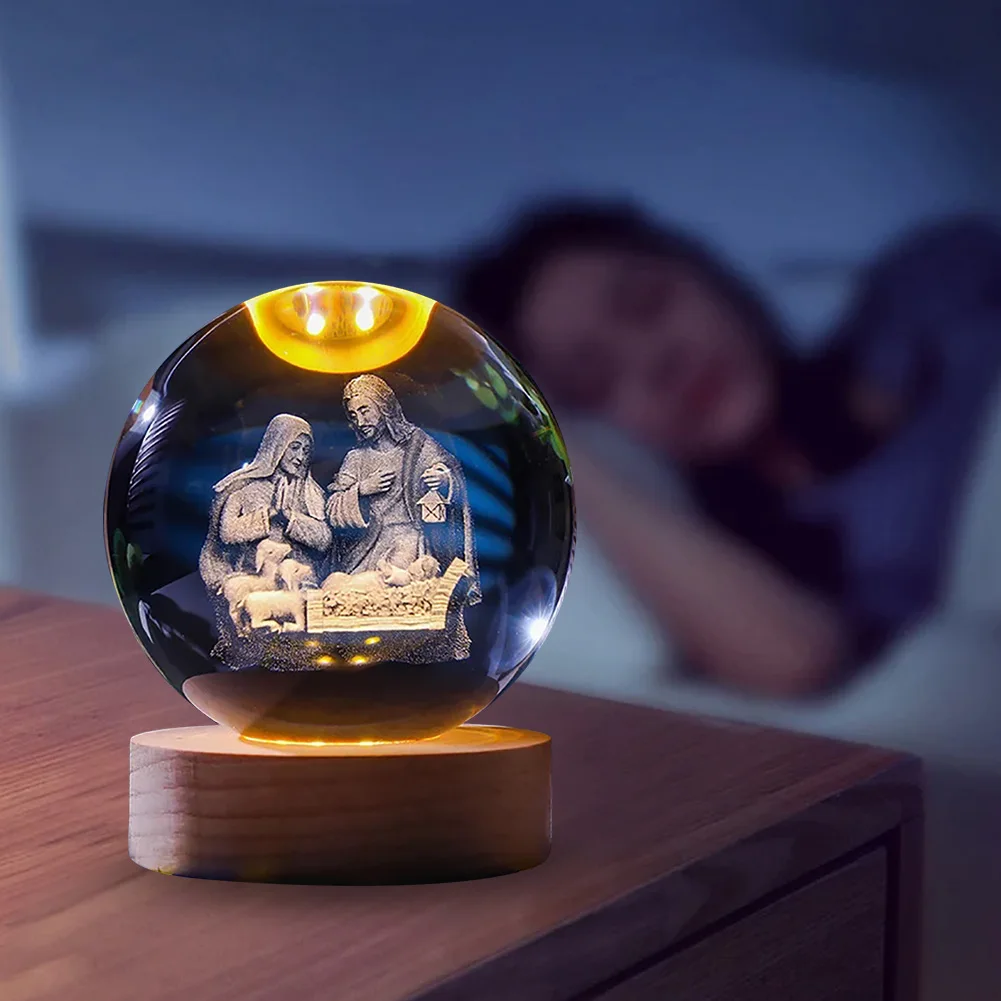 3D Creative Engrave Crystal ball with Wooden Base USB Charging LED Crystal Ball Night Light Lighted Crystal Ball Art Decoration