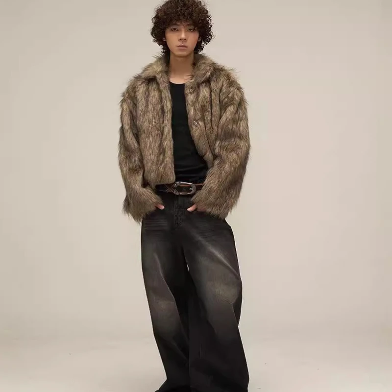 Vintage Harajuku Winter Short Thick Warm Soft Faux Fur Coat Men Lapel Design Fluffy Fur Outerwear Long Sleeve Tops Trendy New