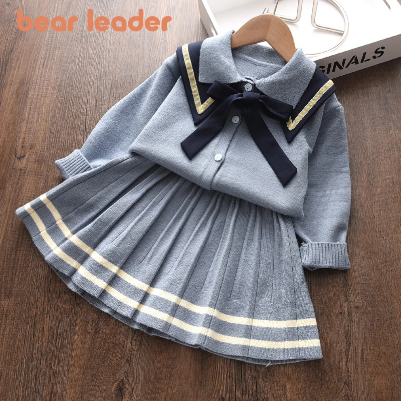 Bear Leader Girls Preppy Style Sweater Sets Christmas Dress Knitted Costumes Winter Soft Cotton Bowknot Cute Knitwear Clothes