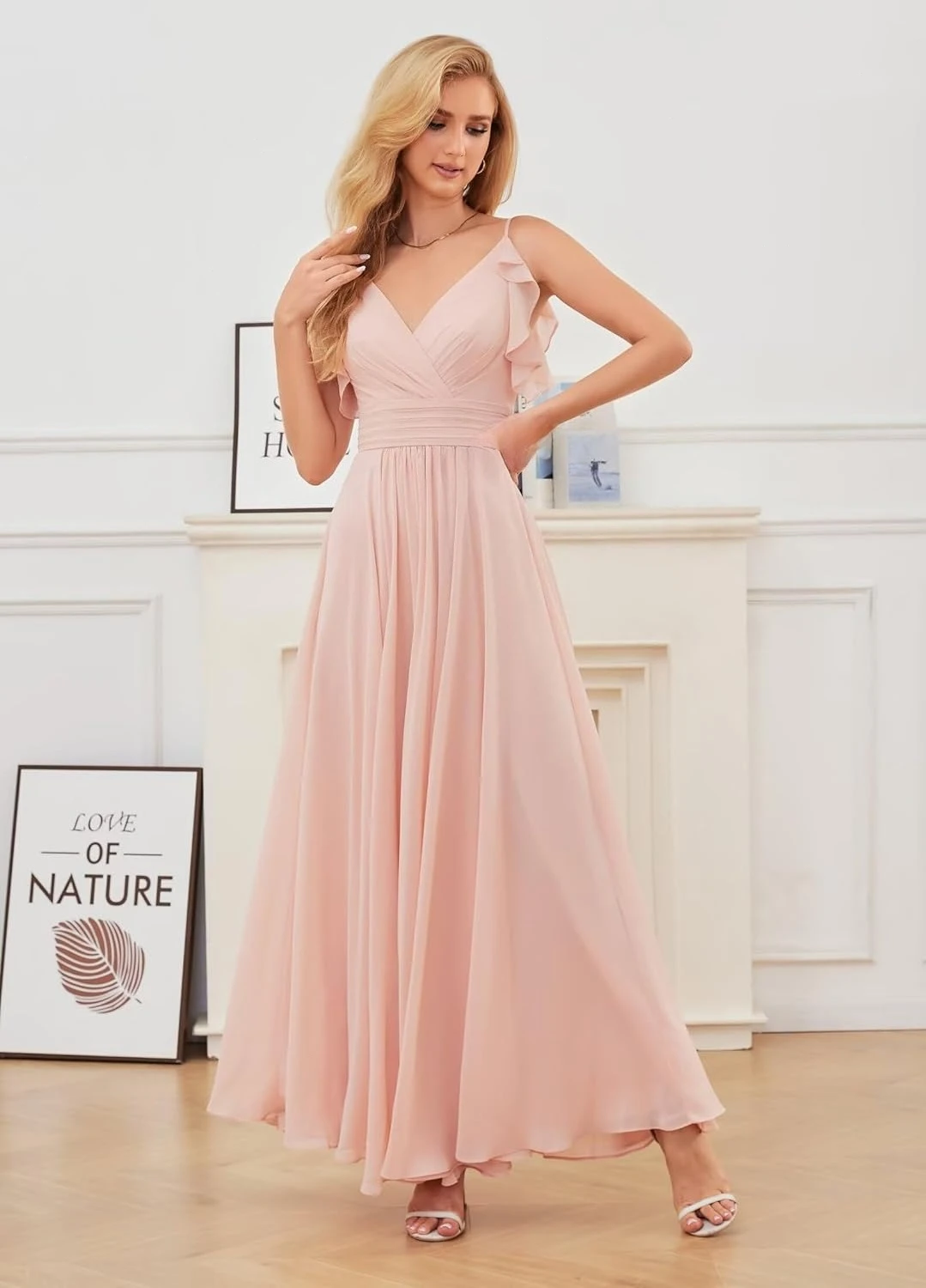 スパゲッティストラップ V ネックブライズメイドドレス 女性用 ロングフリル シフォン スパゲッティストラップ A ライン プリーツ フォーマルイブニングドレス