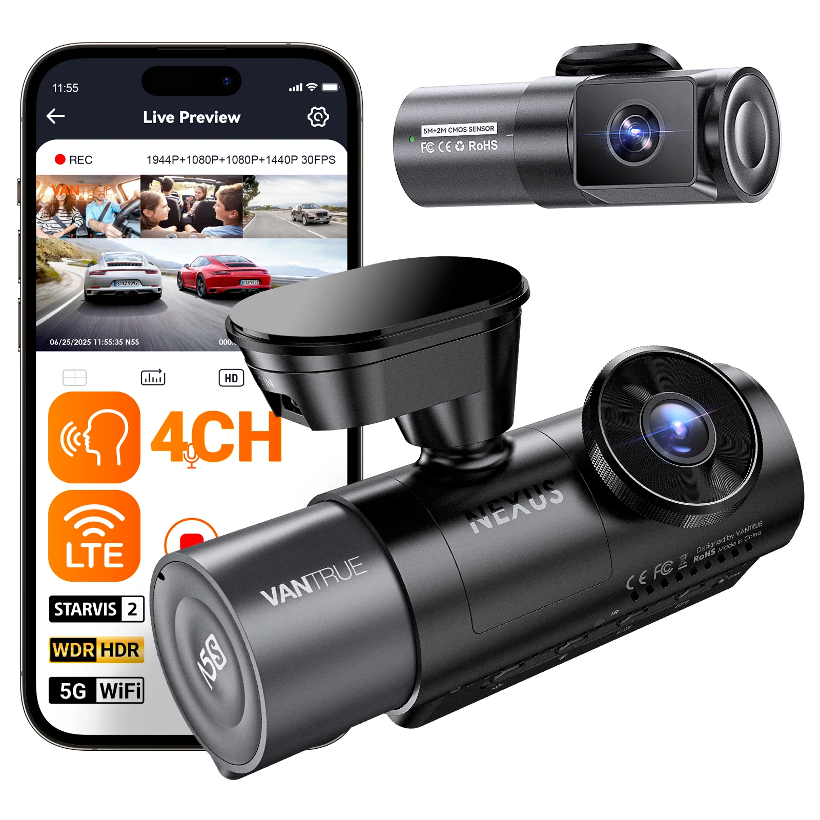 Vantrue N5S DashCam 4-kanaals WiFi 360 graden STARVIS 2 IR Nachtzicht 2,7K + 1080P * 2 + 1440P LTE Ondersteuning 24 uur parkeermodus - afbeelding 1