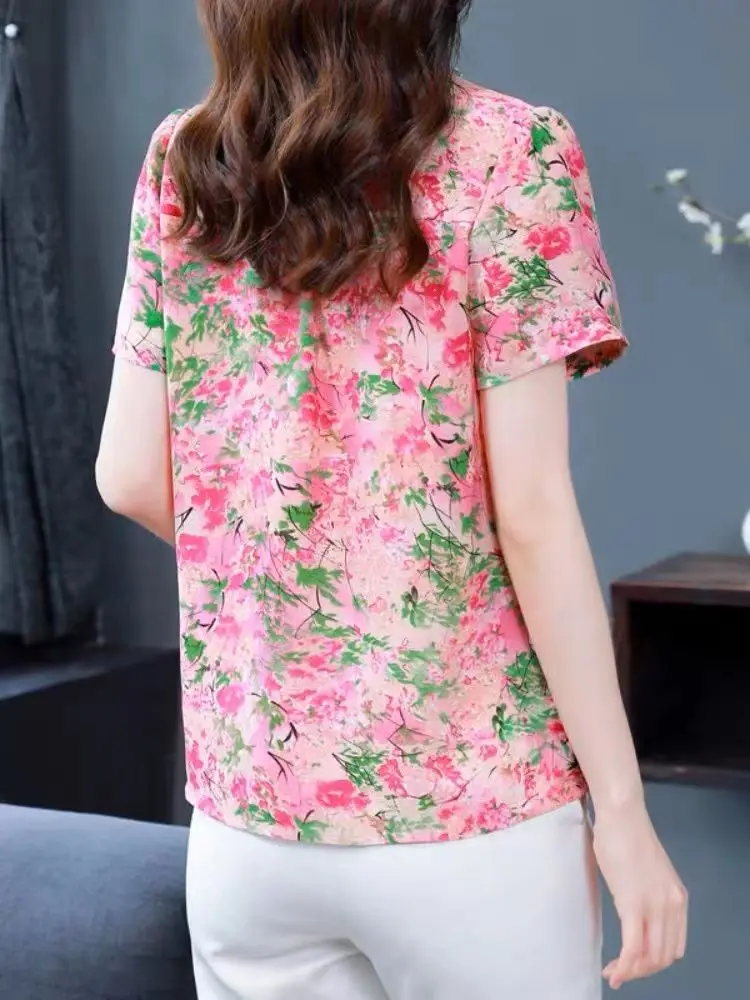 Mode chiffon blouse met V-hals, dames zomer nieuwe stijl losse top met elegante ruches zoom