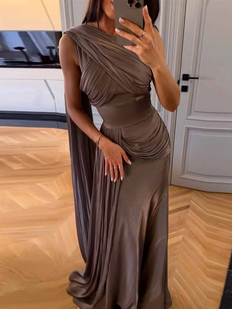 Femmes élégantes plissées irrégulière robe Maxi Chic Patchwork sans manches ruban Satin soirée robe de bal 2025 tempérament robe longue
