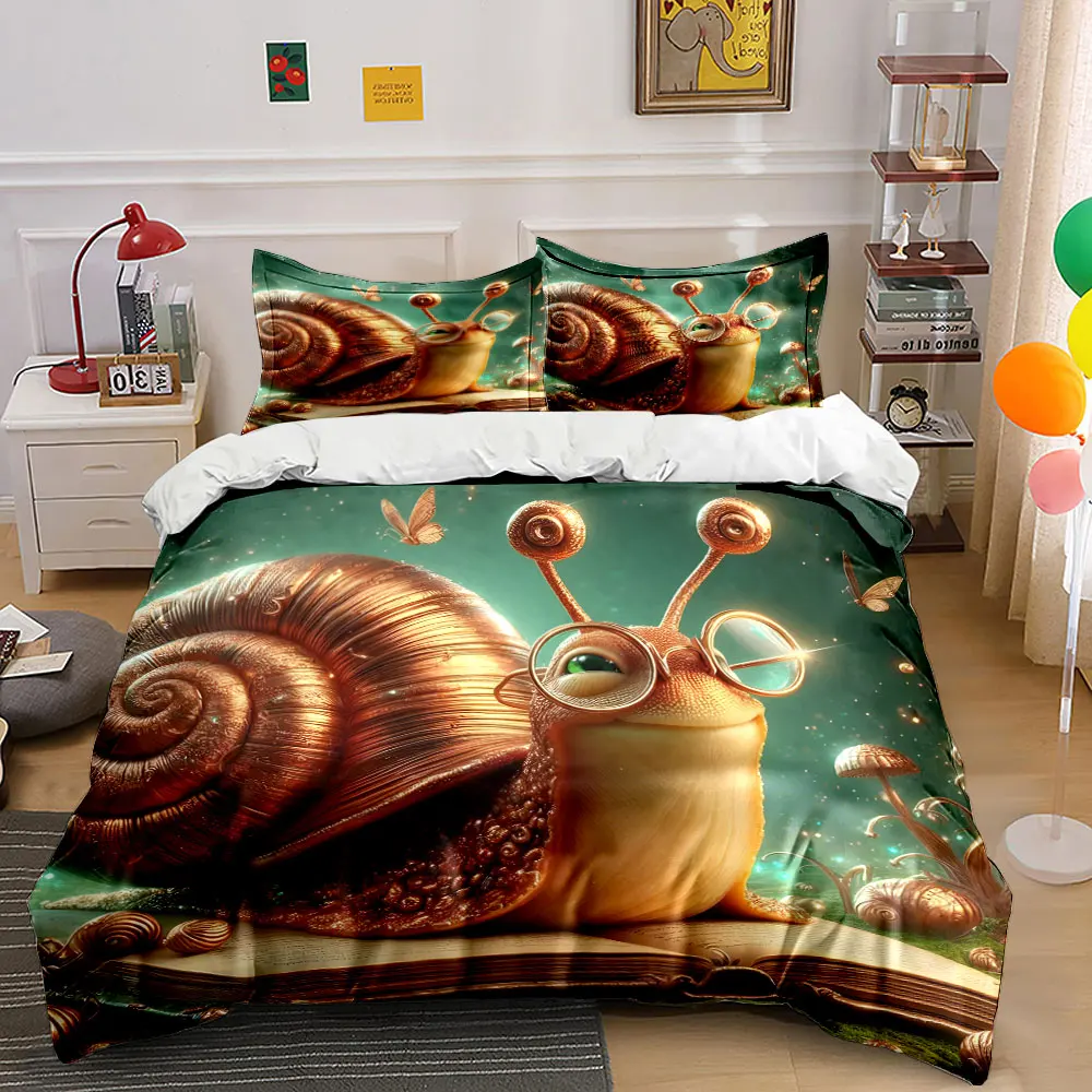 Golden snail reading with glasses Print Bedding Set 1 Duvet Cover 2 Pillowcases for Adult and Children Luxury Gift Full Size