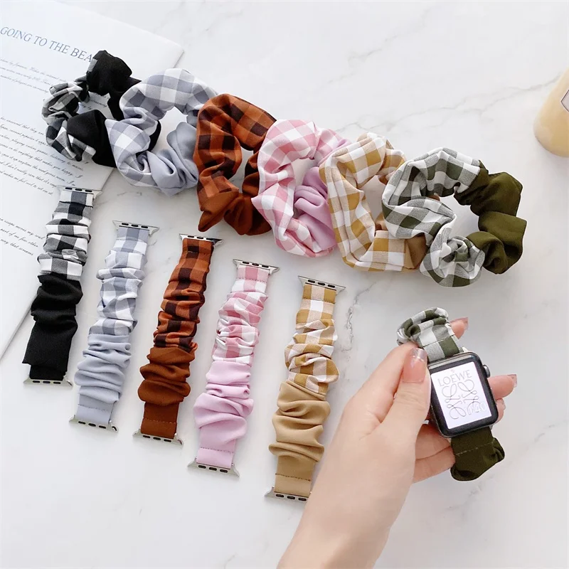 Girls' Hair Ring Plaid Fabric Watch Strap for Apple Watch Series 7/6/5/4/se/3/2/1 Daily Life Women Watchband Watch Strap