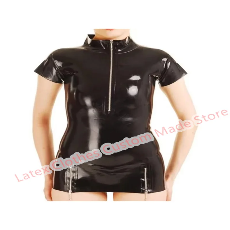 

Handmade Latex Vest Top Rubber Suit Sexy Lingerie for Women Cosplay Costumes Front Zip Black