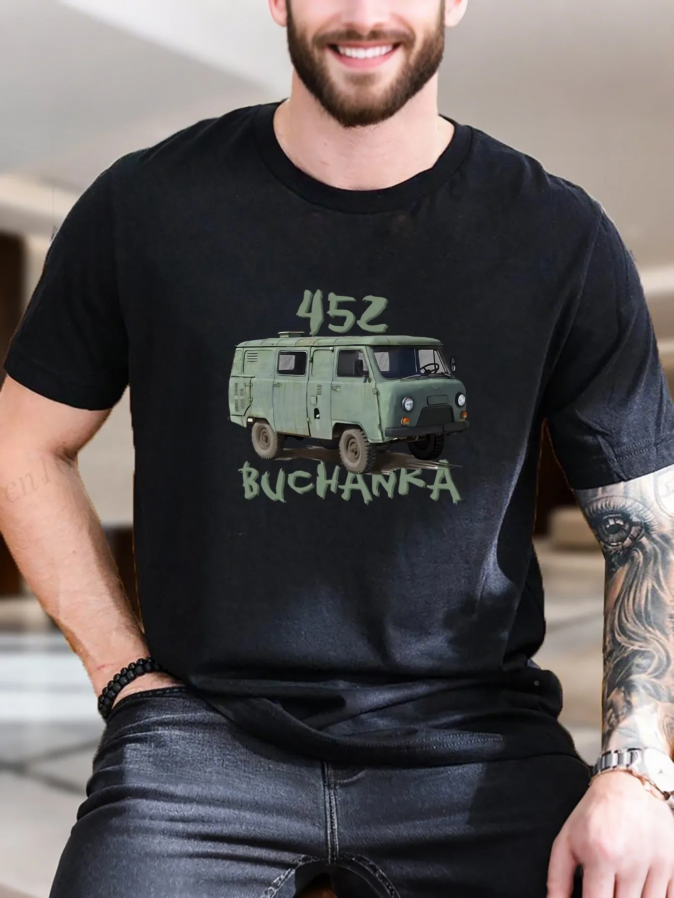 

New Arrival Fashion Men's Cotton Printed T-Shirt Green Truck with Number Design Breathable Soft Casual Tee Comfortable Short Sleeve