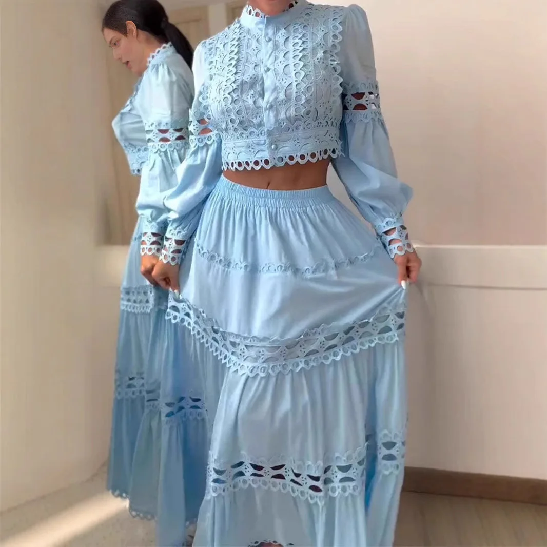 Twee stukken kanten jurken dames gesplitste jurk uitgesneden lantaarnmouwen top enkellange rijk taille rok los casual 2025, lente