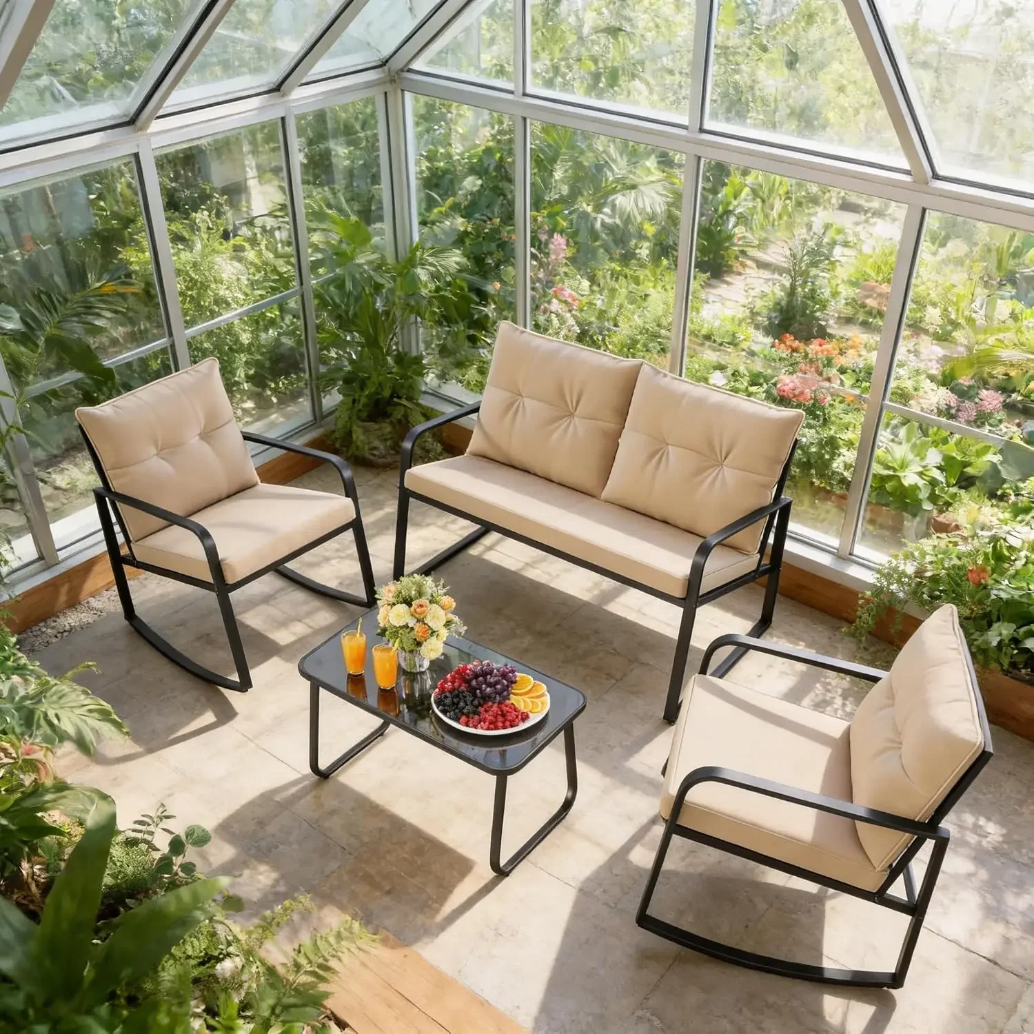 Outdoor Patio Furniture Set, Cushion-Beige | Modern Black Steel Conversation Set with Loveseat, 4 Piece Rocking Patio Set for Ba