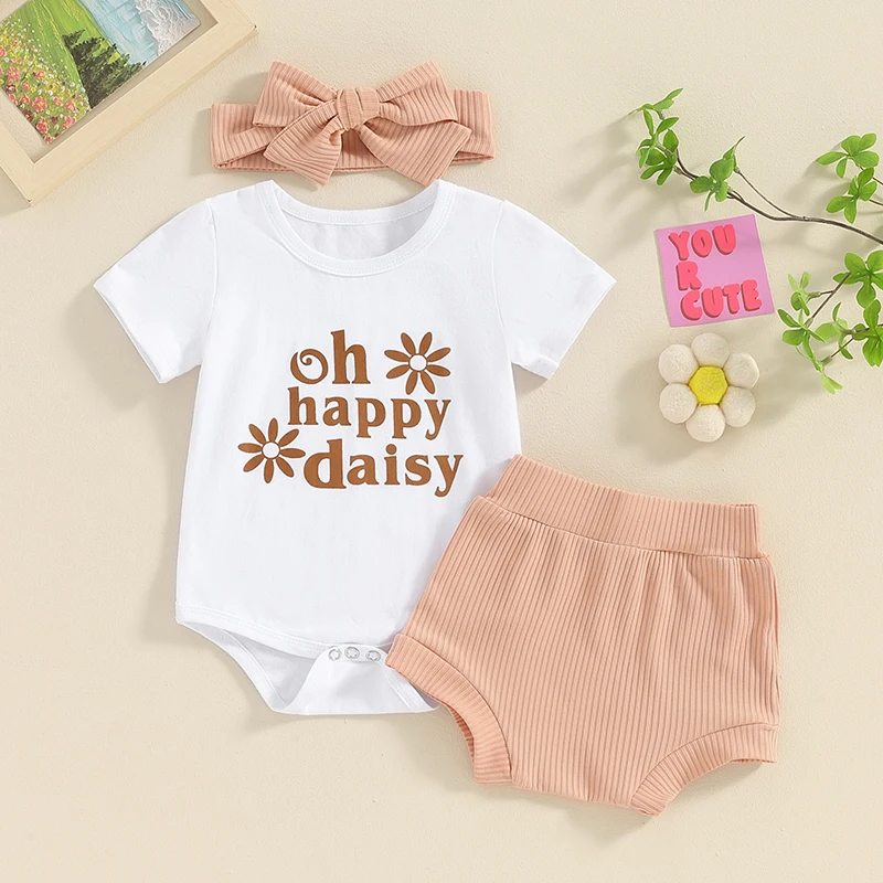 

2024-01-22 Lioraitiin Baby Girl Summer Outfit Letter Flower Print Short Sleeve Rompers Bodysuit Shorts Headband 3Pcs Clothes Set