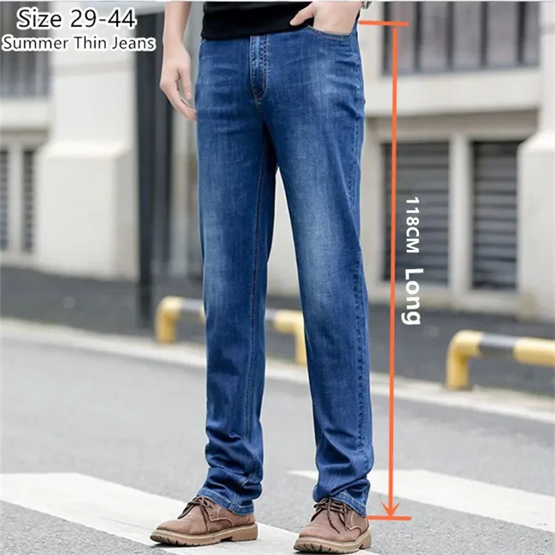 Summer Thin Tall Men Slim Fit 118CM Long High Waist Black Oversized Stretched 130KG Trousers Plus Size 46 44 42 Denim Pants