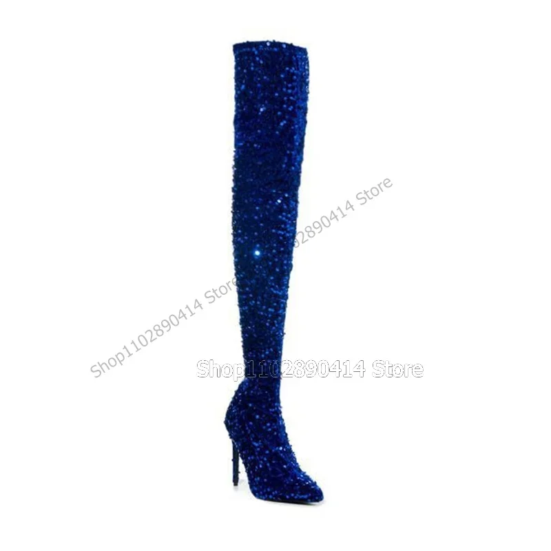 

Blue Sequins Decor Pointed Toe Boots Thigh High Side Zipper Women Shoes Thin High Heels Novel Fashion 2026 Zapatos Para Mujere