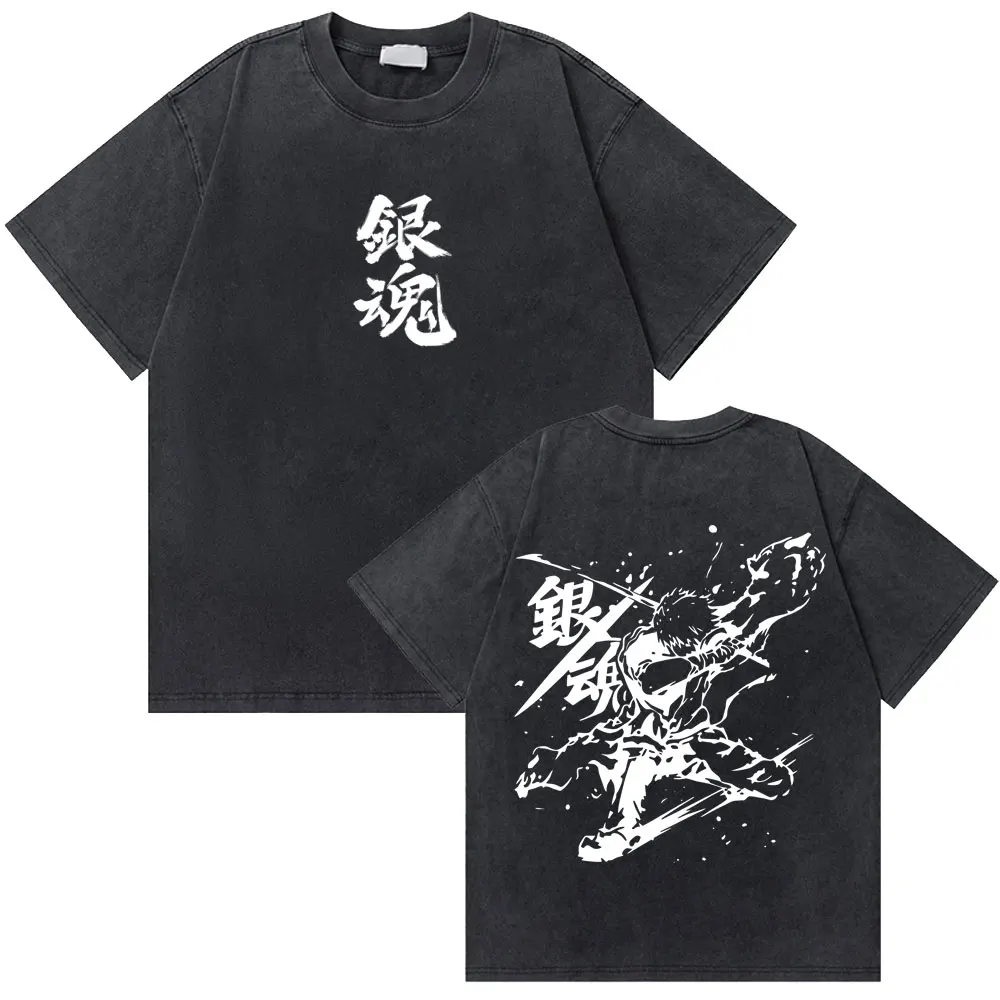 Washed Vintage Anime Gintama Sakata Gintoki Graphic T-shirt Men Casual Oversized T Shirts Men's Funny Cartoon Manga Streetwear