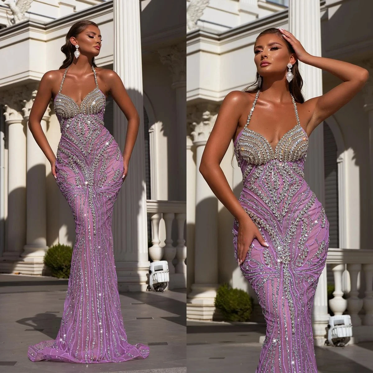 Sexy Crystal Halter Mermaid Dress Fashion Sleeveless Beaded Ball Gown Rhinestone Sequin Floor Length Formal Party Dress