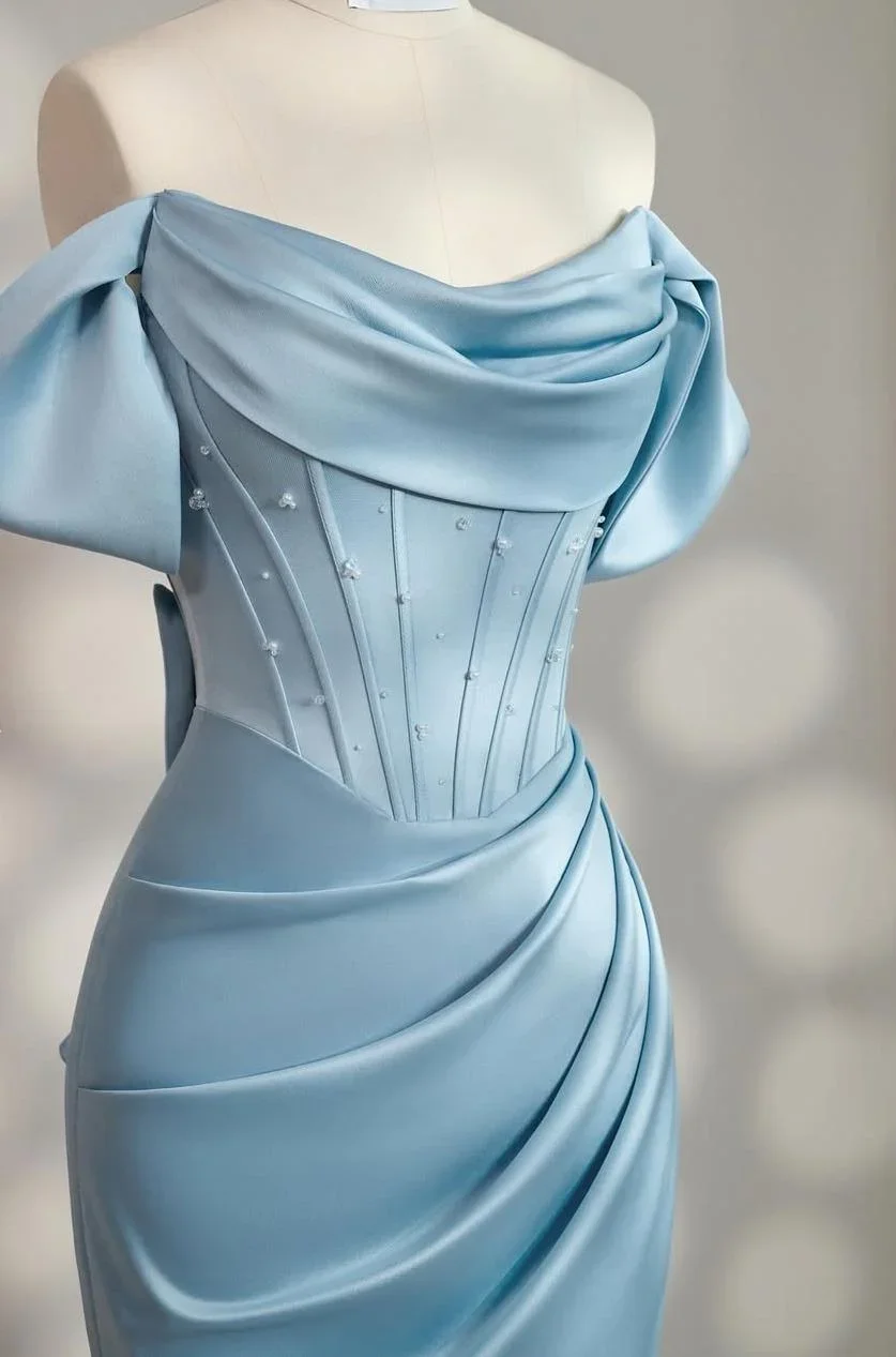 فساتين حفلات نسائية من CUYUN باللون الأزرق السماوي حورية البحر من الساتان مناسبة رسمية مكشوفة الكتف فستان طويل مطوي مخصص للحفلات الراقصة مع فيونكة