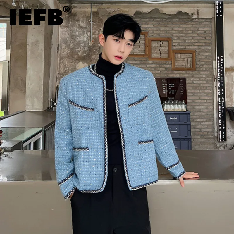 IEFB Men's Tweed Cardigan Autumn Winter Trend Collarless Jacket Fashion Korean Style Elgance Coat Personalized 2023 New 9C2554