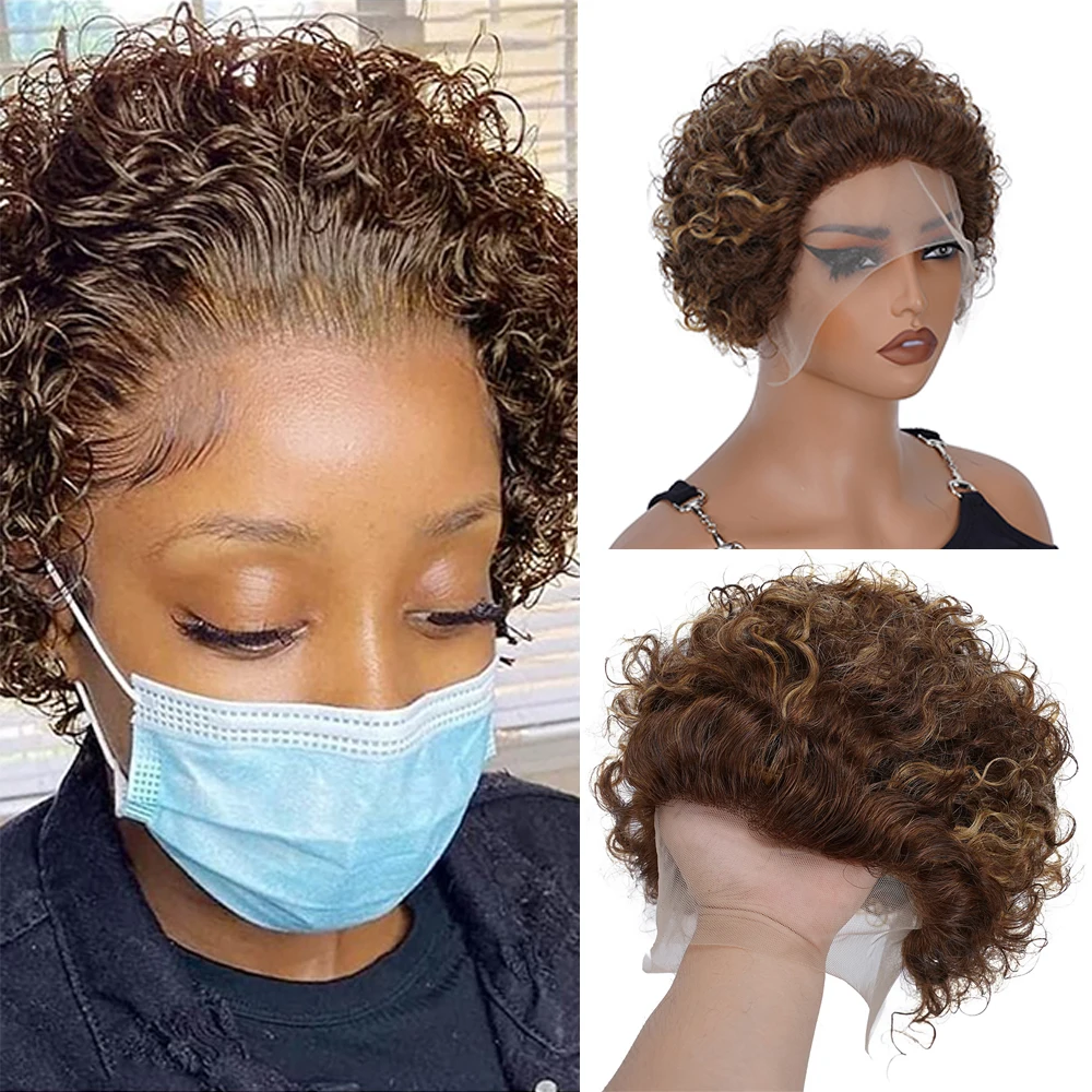 Ginger 350 Pixie Cut Wig Curly Lace Front Wigs 13x1 Short Curly Lace Front Wigs Human Hair 150% Density Transparent Lace Pixie H
