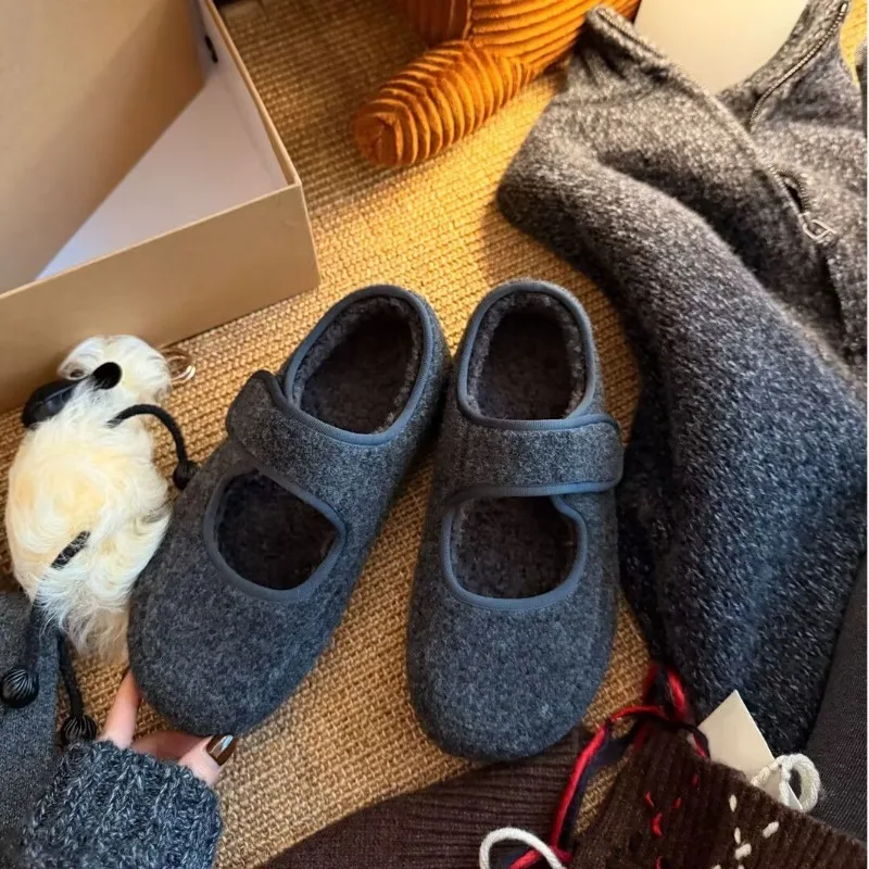 Grey Woolen Platform Shallow Mouth Mary Jane Shoes Women's 2025 Winter New Velvet Thermal Woolen Cotton Shoes