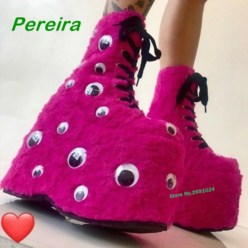 Pink Plush Eyes Decor Ankle Boots Platform Wedges Super High Heels Women\'s Boots Round Toe Cross Tied Lace-Up Winter Shoes Sexy