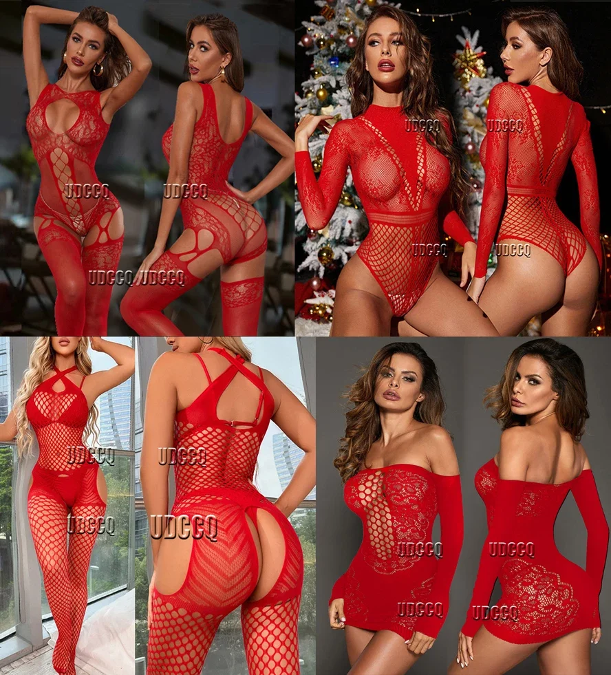 

Christma Sexy crochet Fishnet Bodystocking Lingerie Babydoll Underwear tassels Chemises Cosplay Teddies Bodysuits sexy dress red