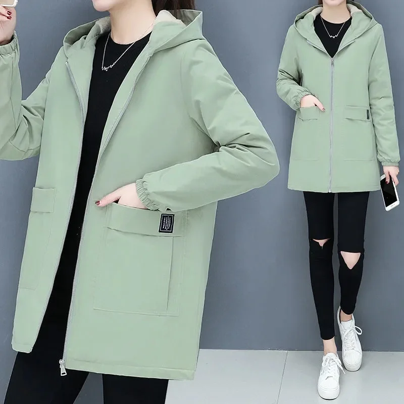 2024 New Winter Jacket Cotton Warm Puffer Coat Women Casual Parkas With Lining Plush hooded trench Outwear Women\'s Clothes