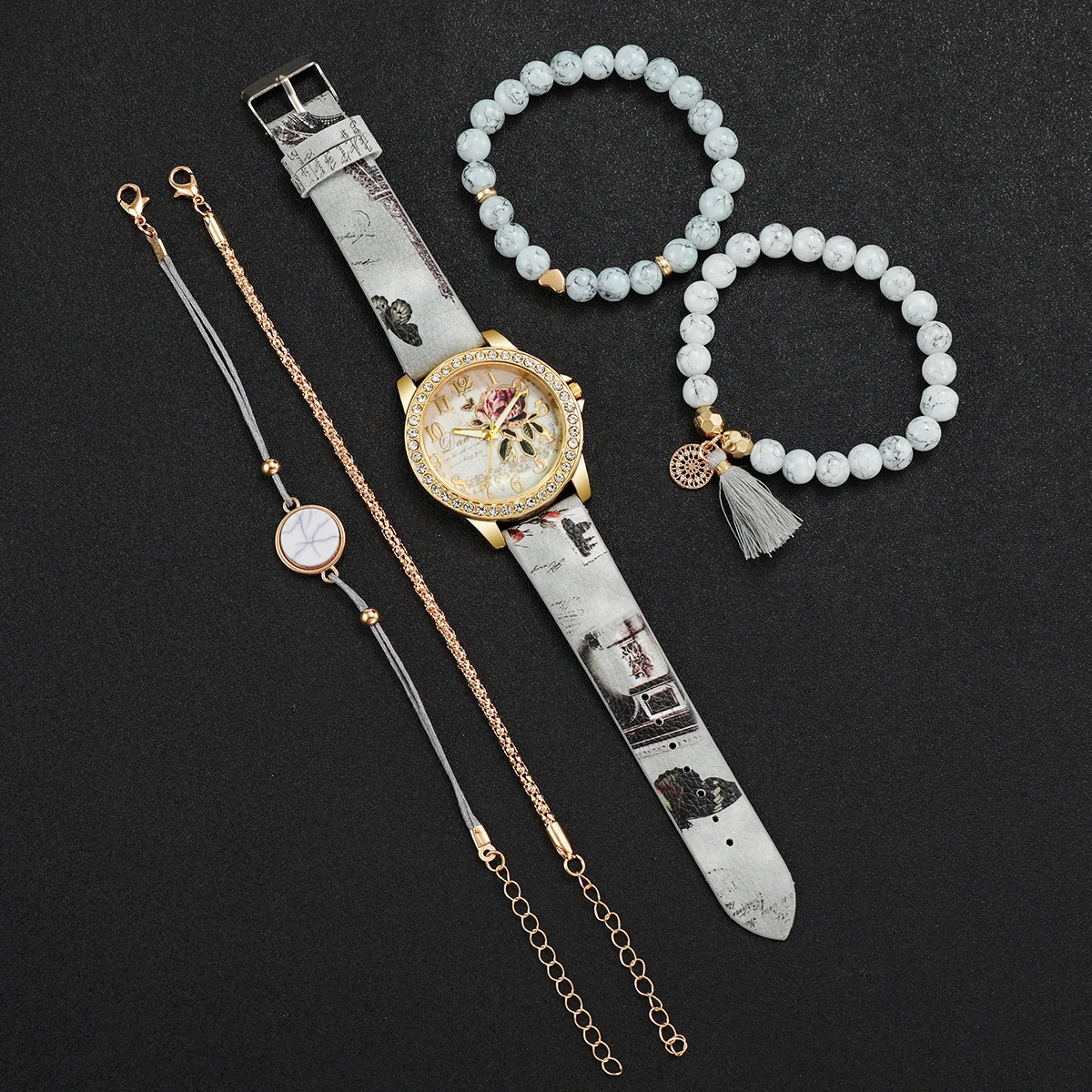 5 個のファッションフラワープリント女性用腕時計ビーズブレス - Jewelry Making Watches のレビューと価格