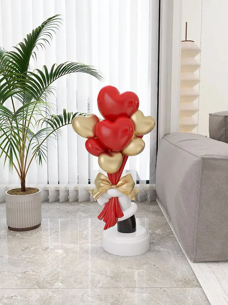 Creative Heart Balloon Bouquet Statue Floor Decor Resin Home Decor Living Room Shop Counter Ornament Sculpture Housewarming Gift