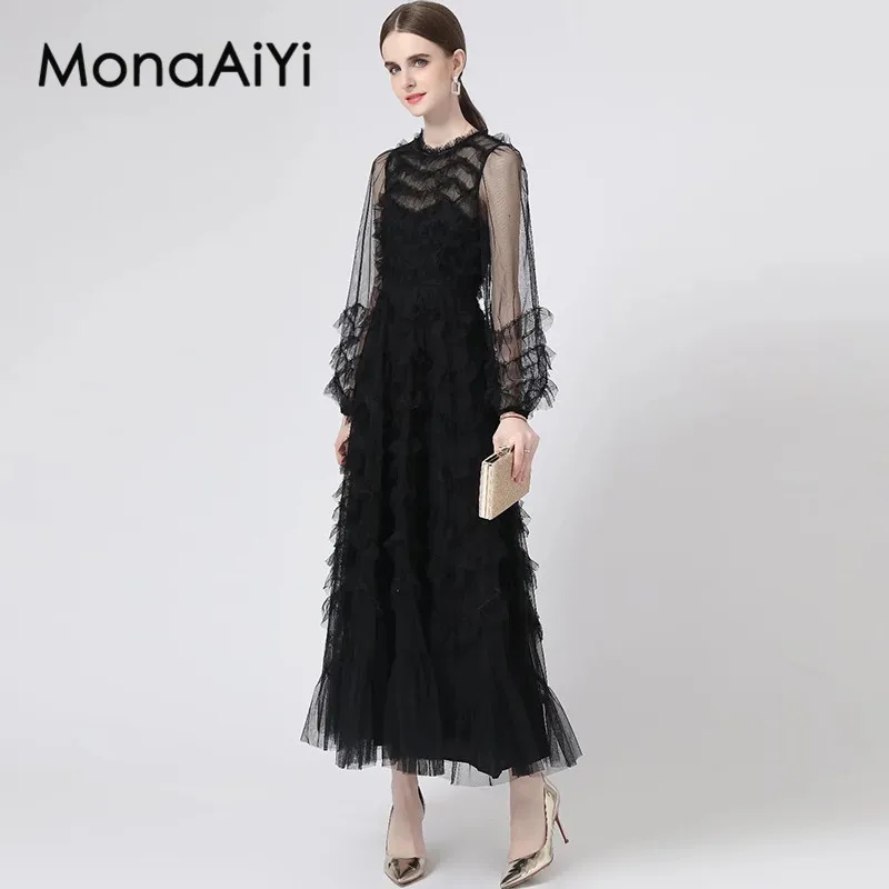 

MonaAiYi Autumn Women's Ball Gown Dress Lantern Sleeved Mesh Splicing Edible Tree Fungus Edge Elegant Evening Dresses