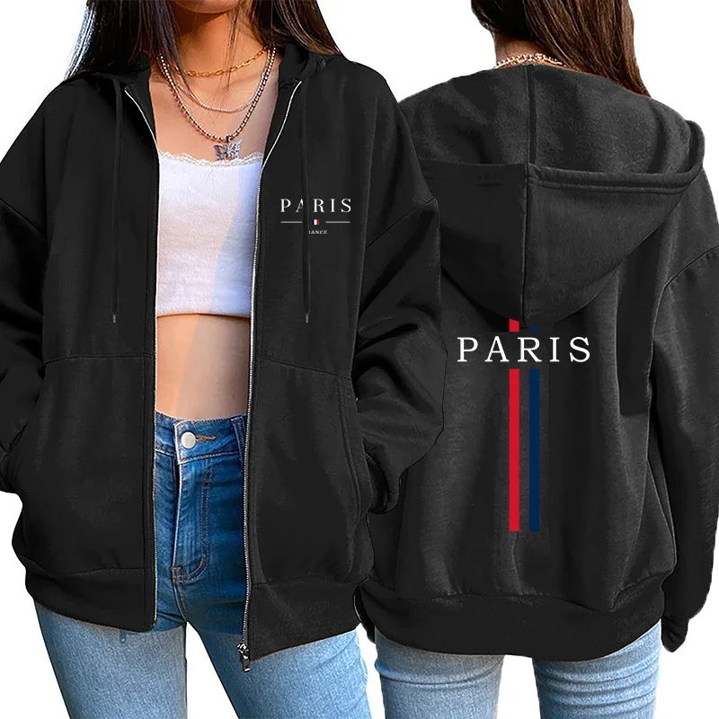 

Paris Letter Printing Womens Jacket Coat Hot Sales Fashion Loose Zipper Tops Sports Hoodie Casual Woman Clothing European Style
