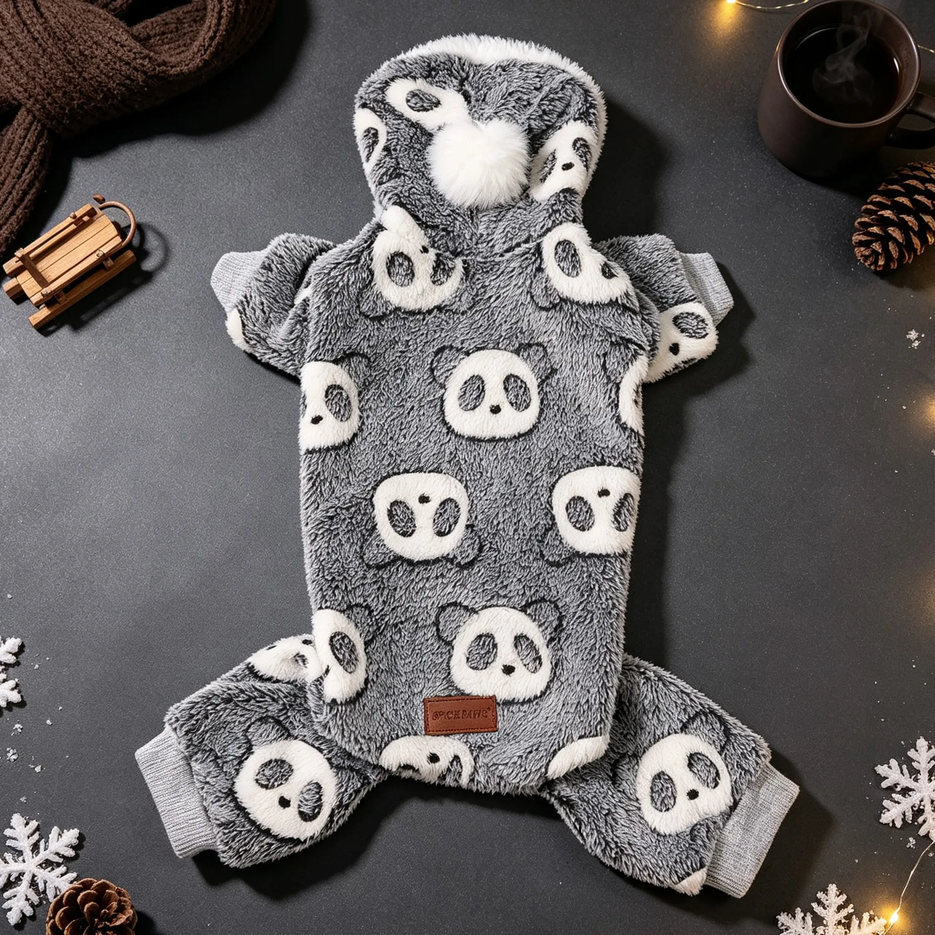 Hundeanzug mit Kapuze und vier Beinen, Plüschballmütze mit Panda-Motiv, weicher und bequemer, dicker Herbst- und Winter-Pyjama. – Detail 8