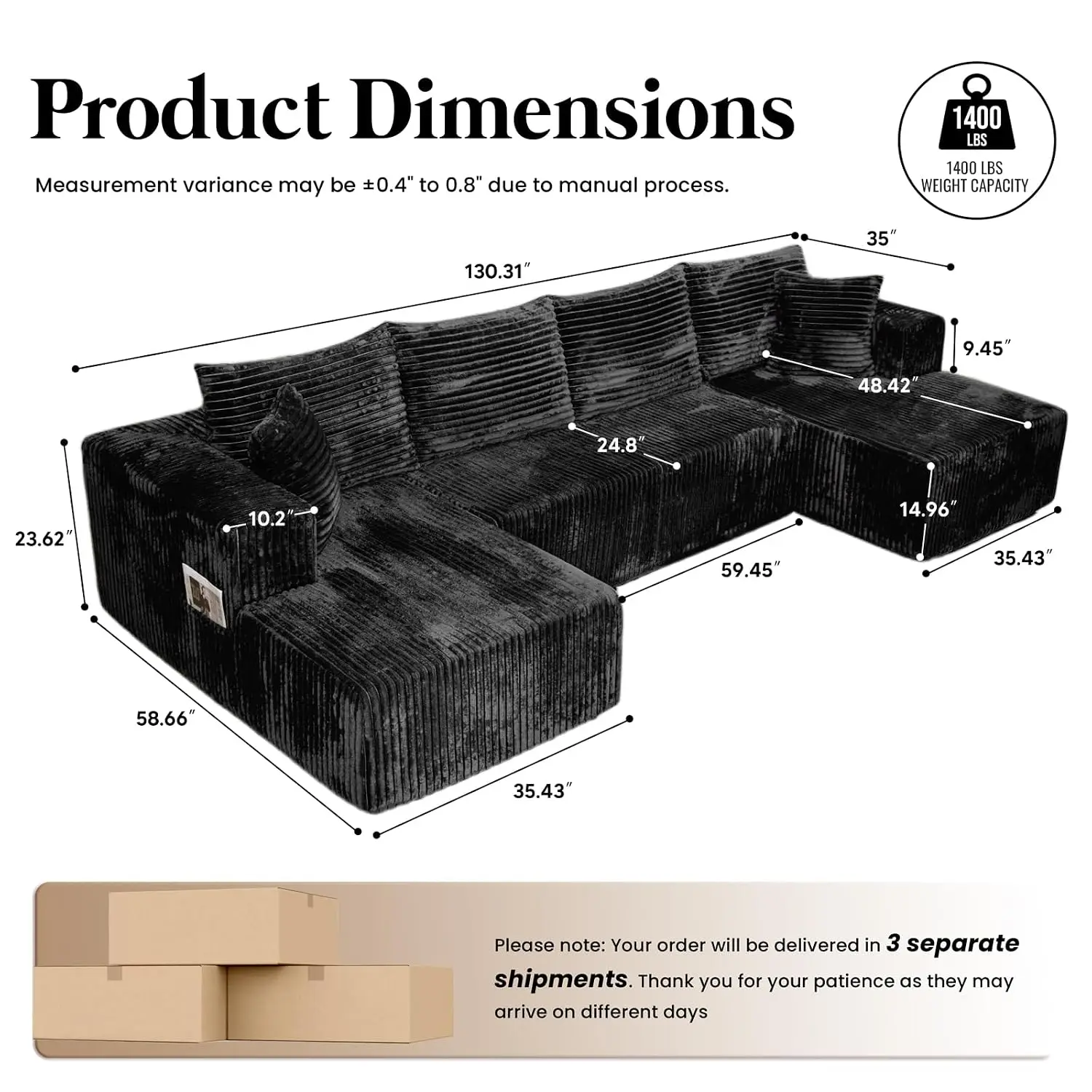 130'' U Shaped Sectional Sofa Living Room Modular Cloud Sofa 2 Chaise Lounges 4-in-1 Flexible Combination Layered Foam Deep Seat