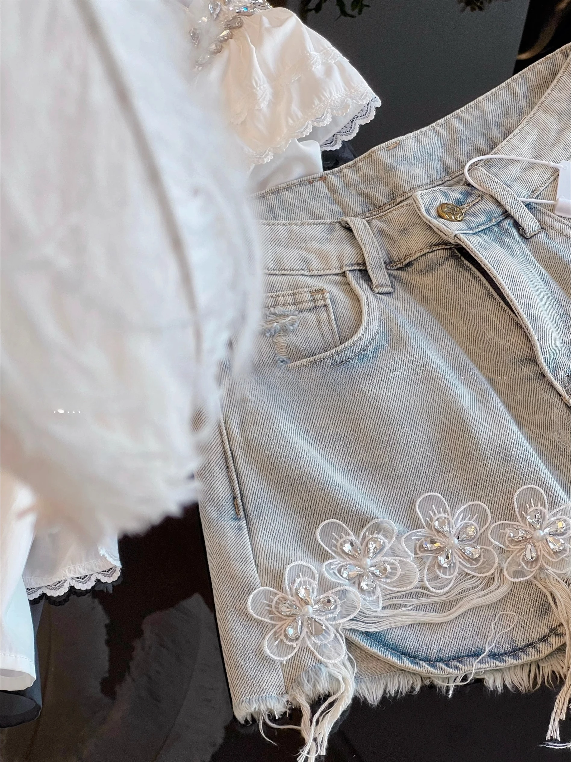 Fashion Tassels Denim Shorts Women's Clothing 2025 Summer New Diamond-encrusted High-waist Wide-leg Shorts Ladies Short Pants