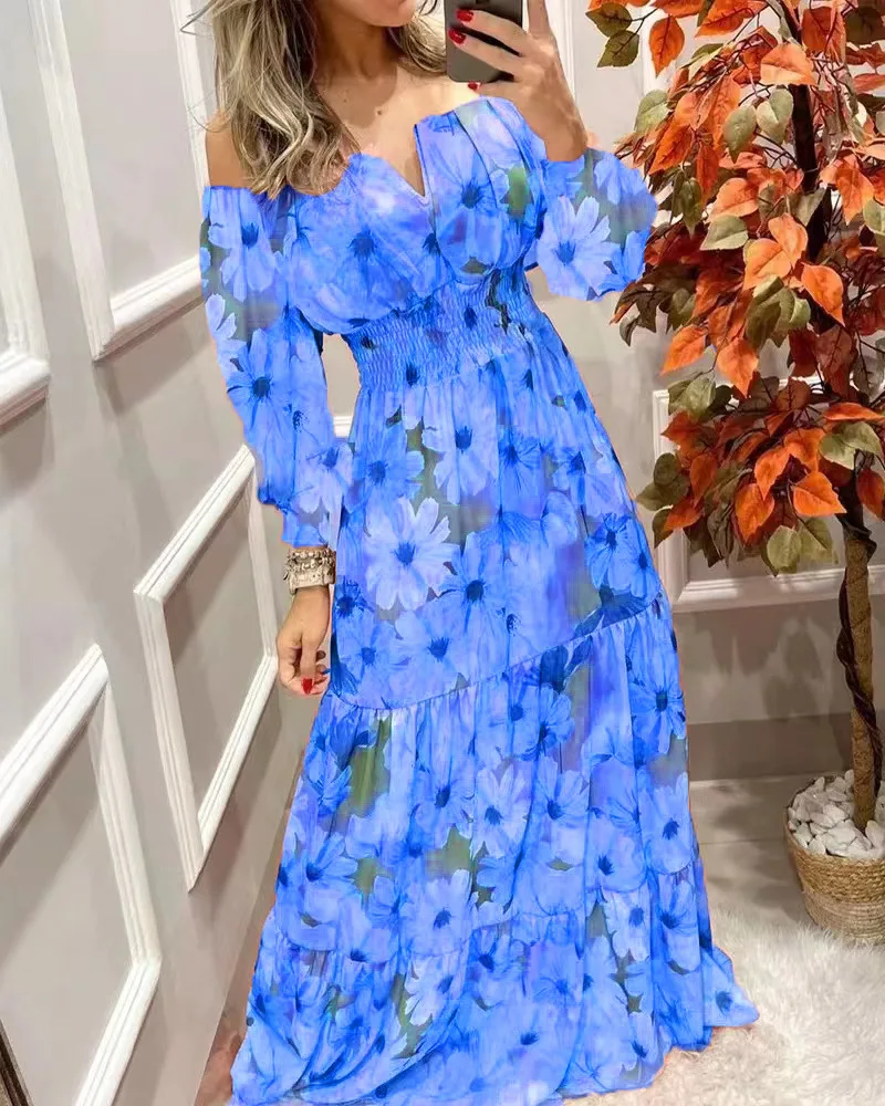 Women\'s Dresses 2022 Summer Vintage Print Off The Shoulder Casual V Neck Long Sleeved Waist Slim Maxi Dress