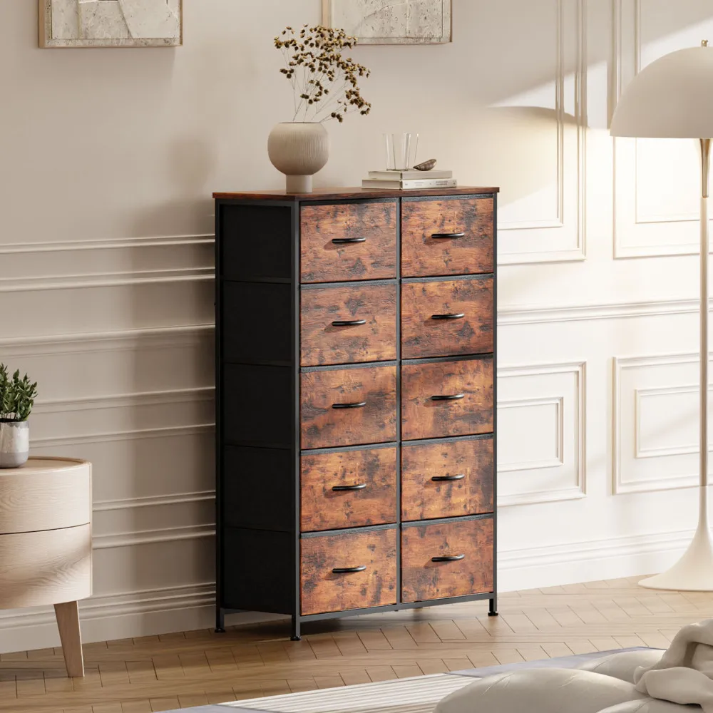 Dresser for Bedroom Storage Drawers, Fabric Storage Tower with 10 Drawers Sturdy Metal Frame, Chest of Drawers with Fabric Bins