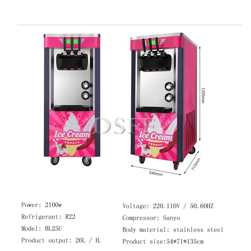 Efficient Vertical Ice Cream Machine Three Flavors Frozen Yogurt Machine With Universal Wheels