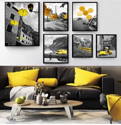 Picture For Living Room Decoration Poster And Print Black And White Landscape Nordic Canvas Painting Set Art Yellow Scenery Wall