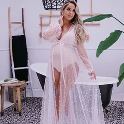 White Maternity Photography Dressses Beading Long Sleeve Tulle Maxi Sexy See Through Long Dress Pregnancy Gowns For Photo Shoot