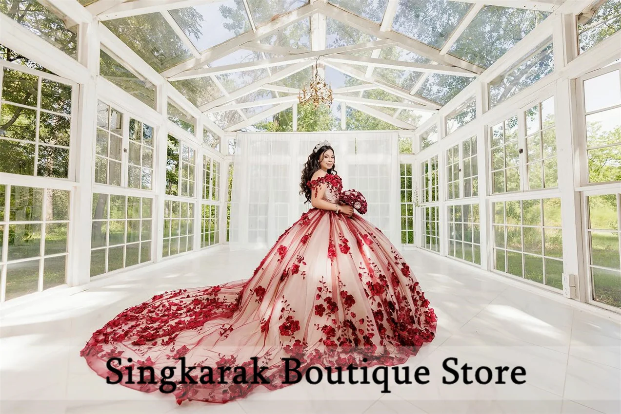 Bonito vermelho princesa quinceanera vestidos 2025 requintado 3d flor apliques tule luxo 16th aniversário desss vestidos personalizados