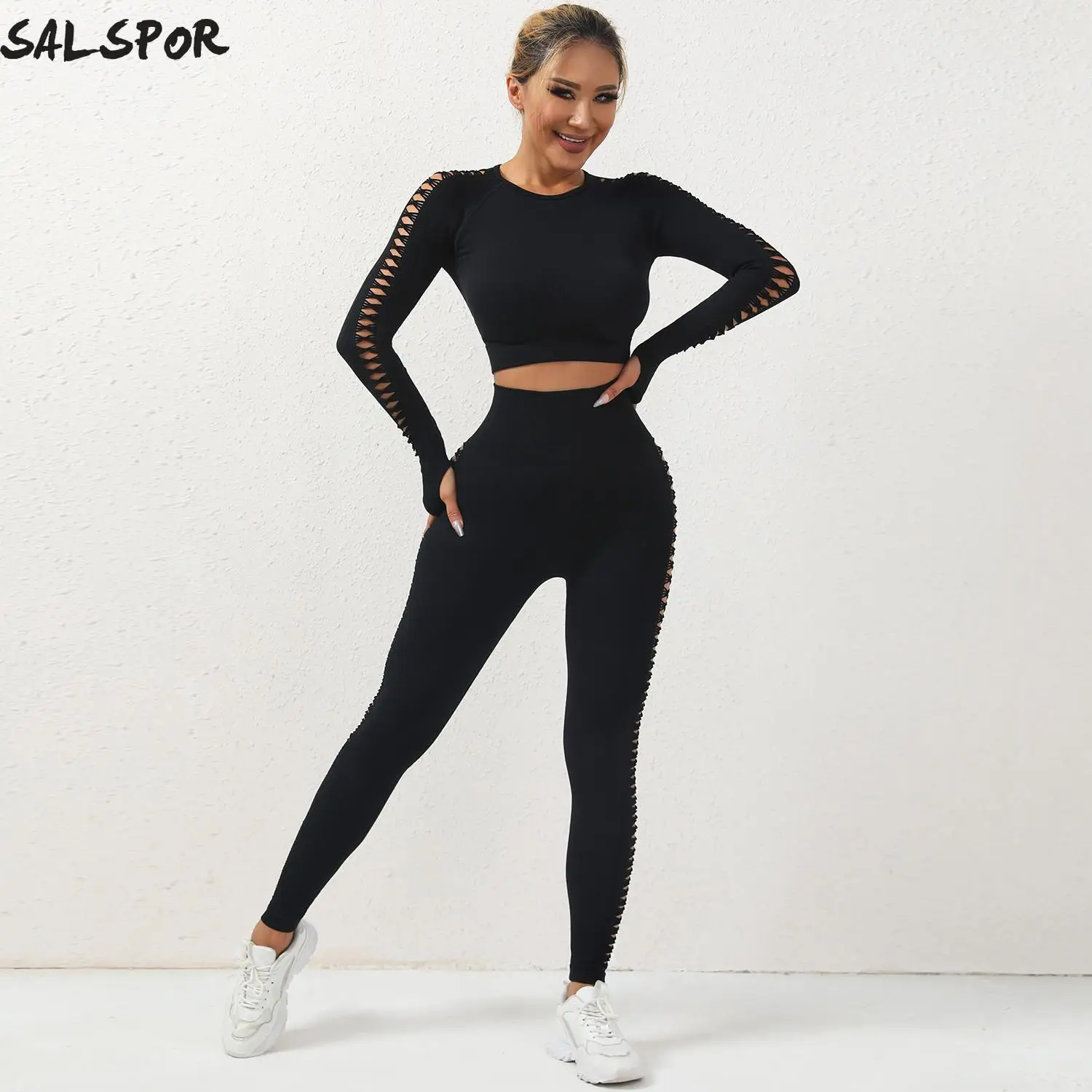 SALSPOR Women Seamless Sports Set 2PCS Solid Color Yoga Suit Gym Workout Outfit Sportswear