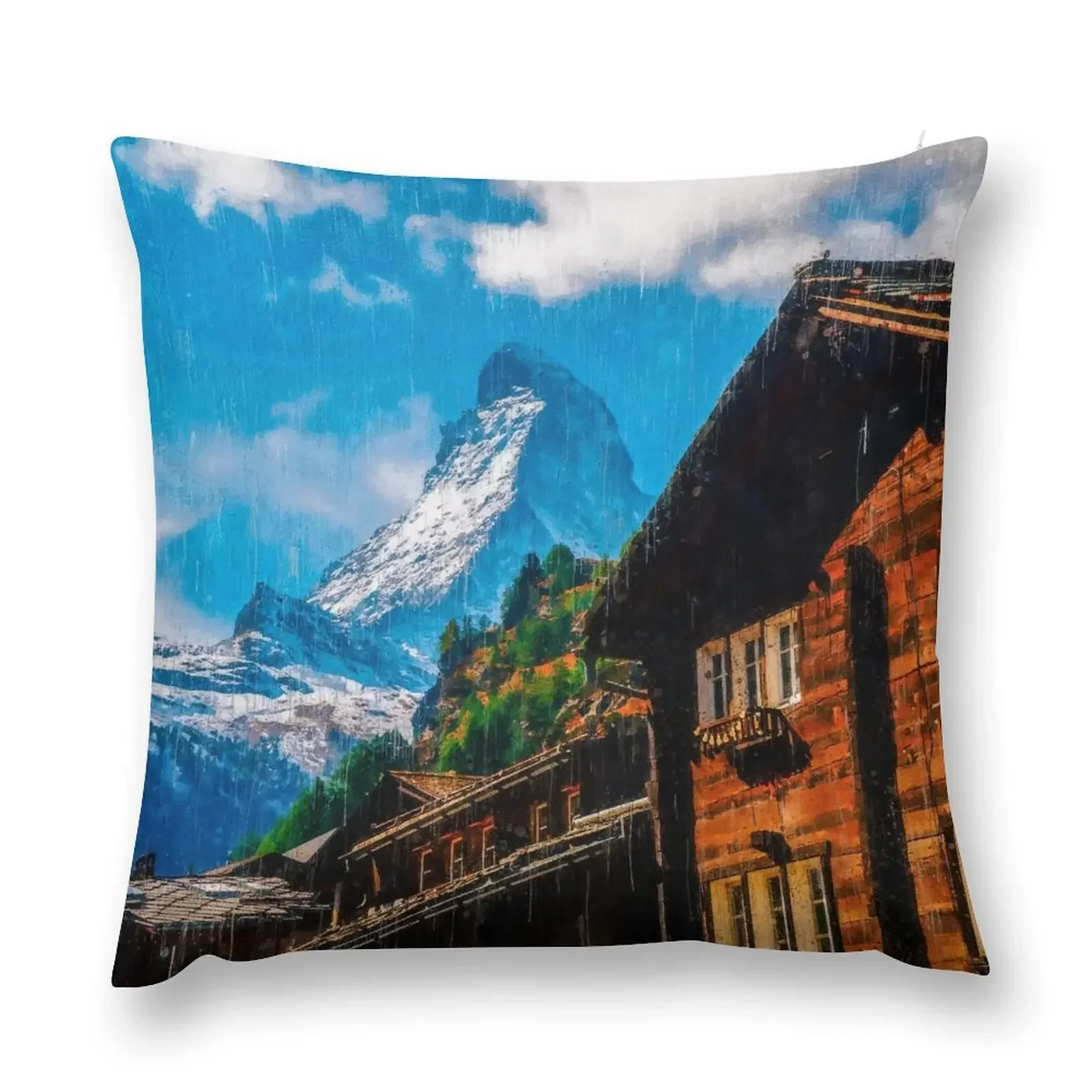 Matterhorn Mountain Switzerland Zermatt, Matterhorn Mountain Swiss Alps, Zermatt Townn Matterhorn Oil Paint, Switze Throw Pillow