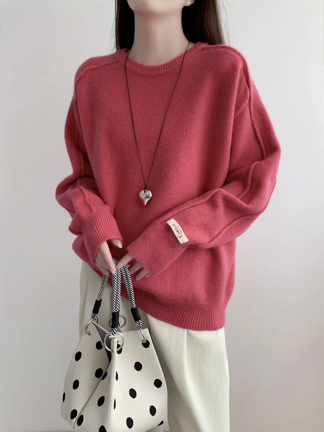 가을 겨울 한국 스타일 레이지 패션 라운드 넥 니트 두꺼운 스웨터 루즈 베이스 레이어 부드럽고 아늑한 롱 스웨터 색상