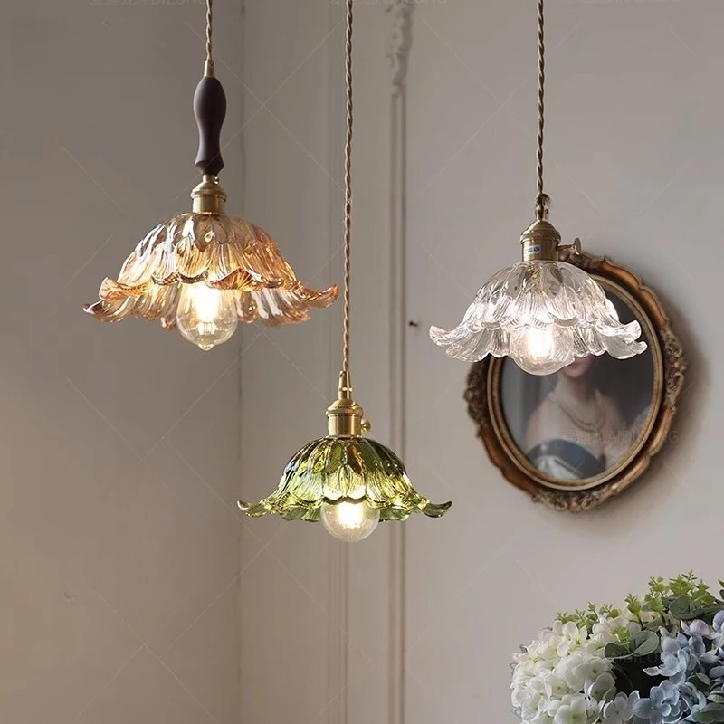 

Скандинавская ретро французская стеклянная цветочная люстра из орехового дерева, ресторан, бар, кровать, латунная люстра