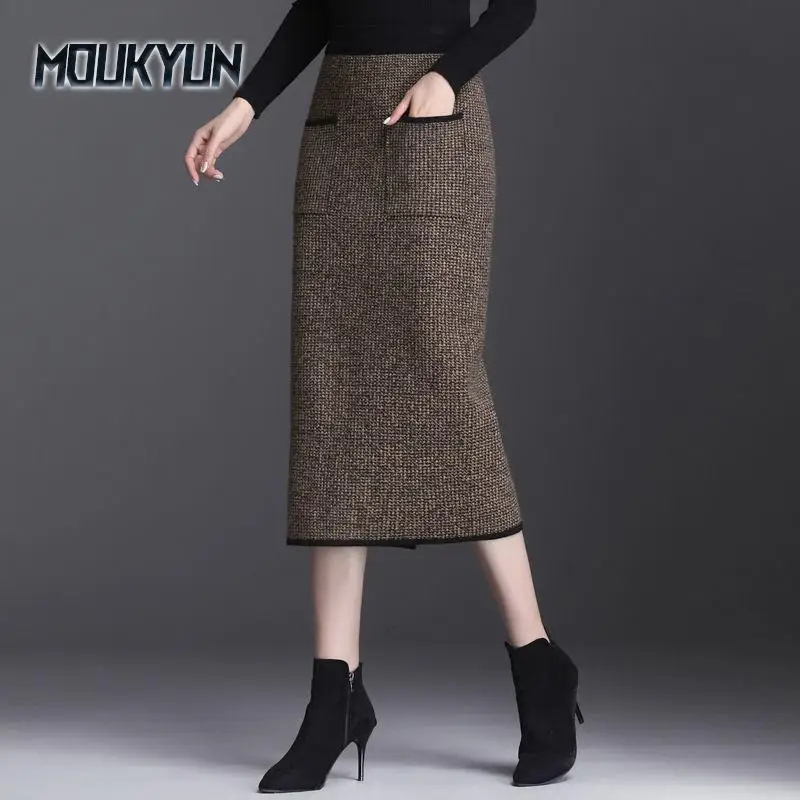 

Autumn Winter Women's Midi Knitted Skirt Female Skirt High Waist Thicken Pockets Slim One Step Hip Skirts