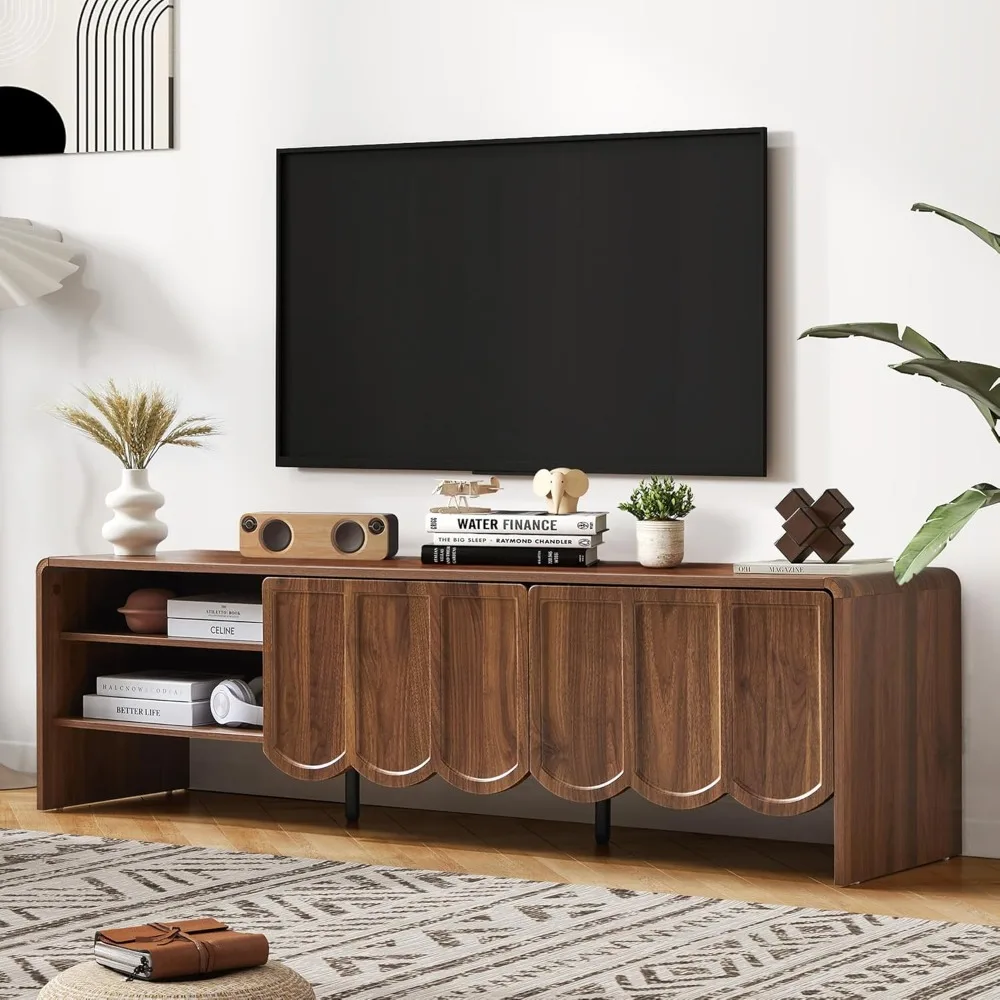 Soporte para TV de 63 pulgadas, mesa consola para TV moderna, soportes para televisión con panel ondulado, centro multimedia de entretenimiento con compartimento de almacenamiento y Sli
