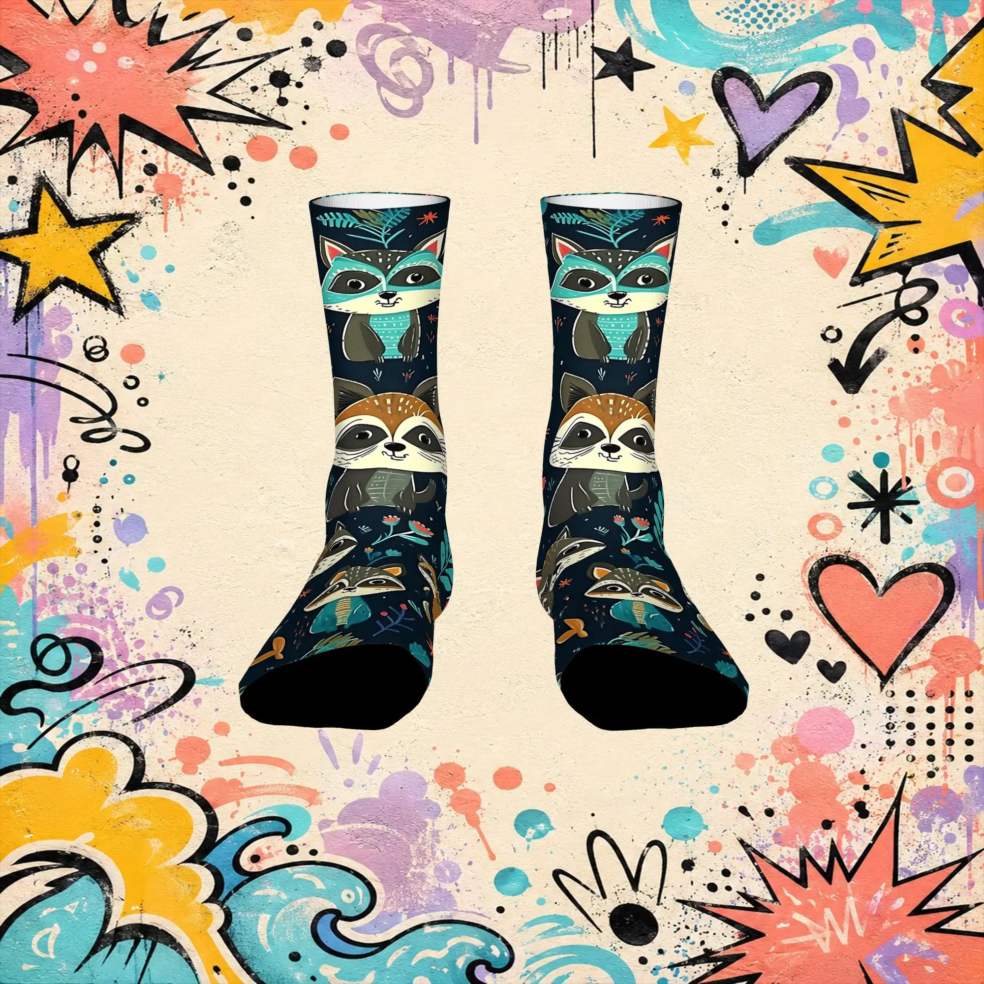 Fashion Retro Raccoon Abstract Pattern Crazy Men's compression Socks Unisex  Funny Crew Sock