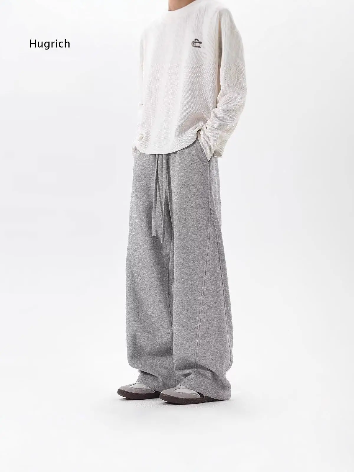 Mens American Heavy Weight Curved Sweatpants For Autumn Spliced Wide Leg Trousers Retro Good Drape Versatile Casual Sport Pants