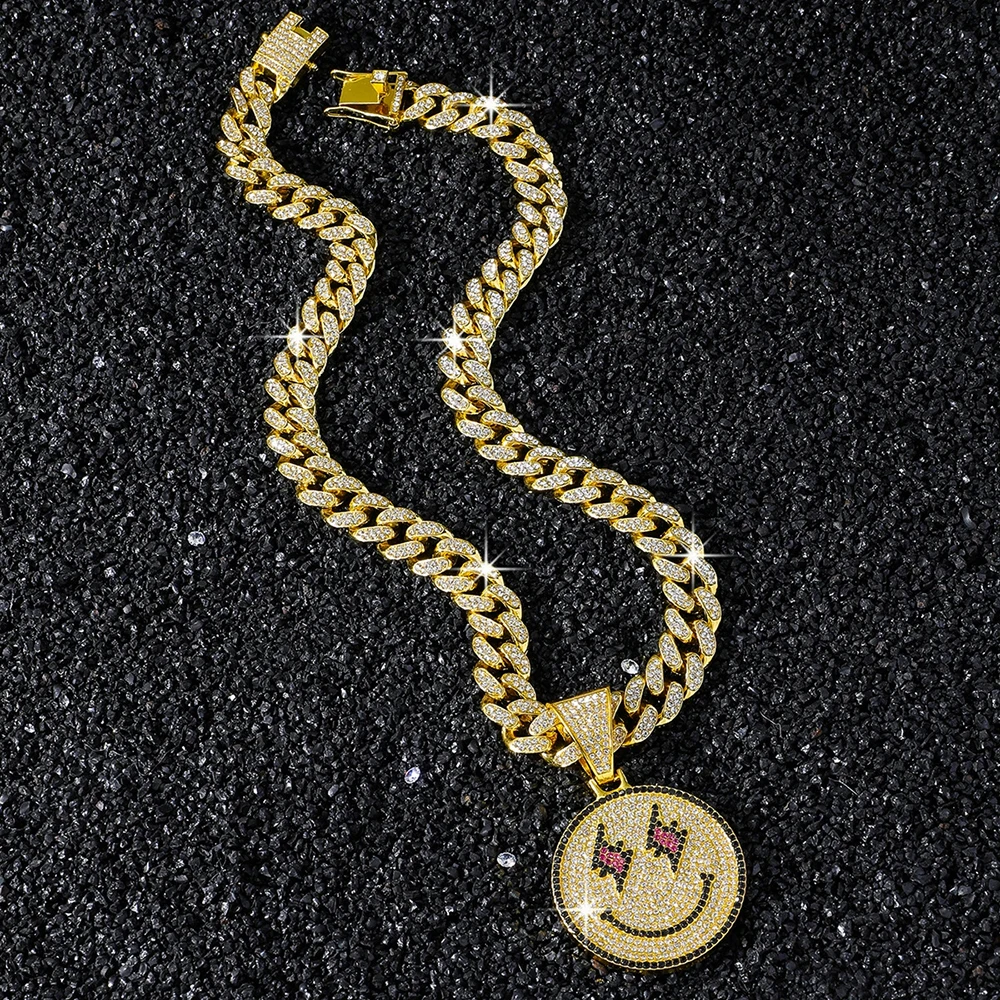 Hip Hop Smiley Face Lightning Eyes Round Pendant Cuban Chain Necklace Fashion Popular Daily And Party Wear Jewelry view 4