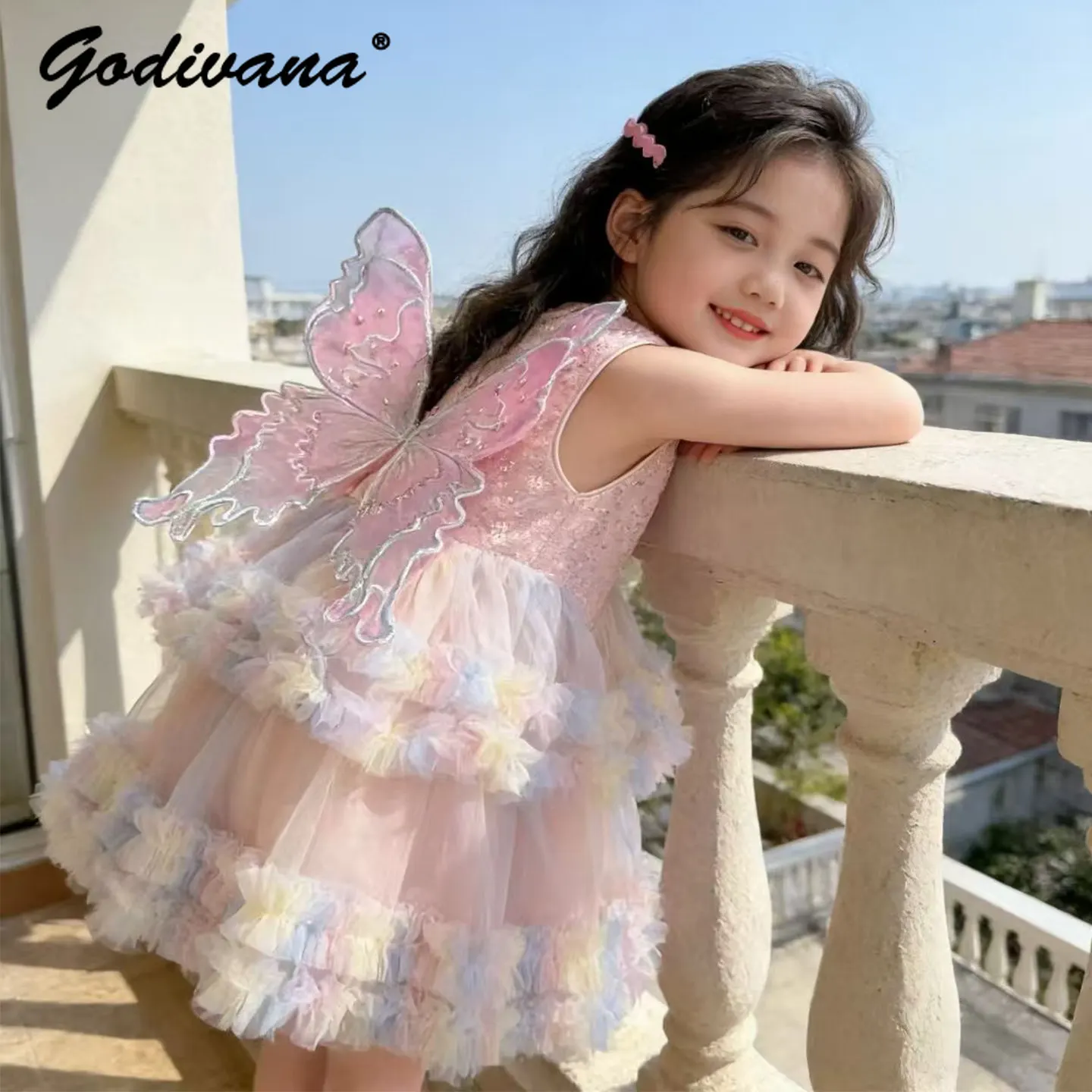 Sweet Baby Girls 2026 Summer New Mesh Princess Dress Kids High End Fashion Butterfly Wing Sequined Ruffle Trim Rainbow Dress