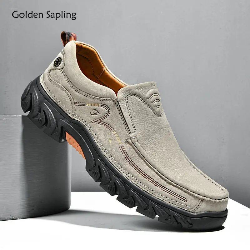 Golden Sapling Man Loafers Genuine Leather Men's Casual Shoes Retro Platform Flats Leisure Slip-on Footwear Male Party Mocassins